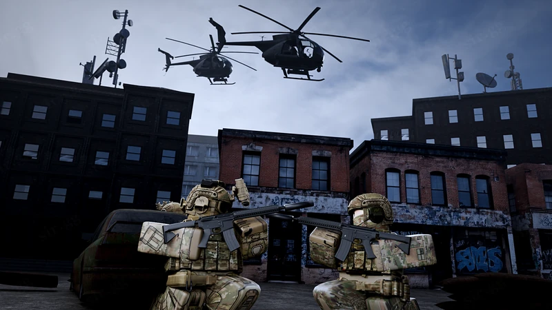 Operators on a city street with small helicopters flying low overhead
