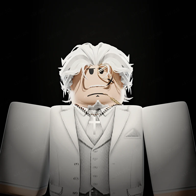 Portrait of a figure in a white suit under a single spotlight in darkness